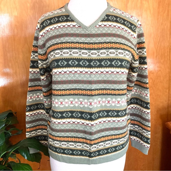 🐶Hasting & Smith Green patterned V-neck wool blend sweater size L women’s - Picture 1 of 9